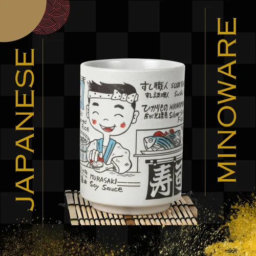 Vista 4 de Tazas de té japonesas Sushi-Yunomi Mino Ware con posavasos de bambú (juego de 2) (Mt. Fuji)