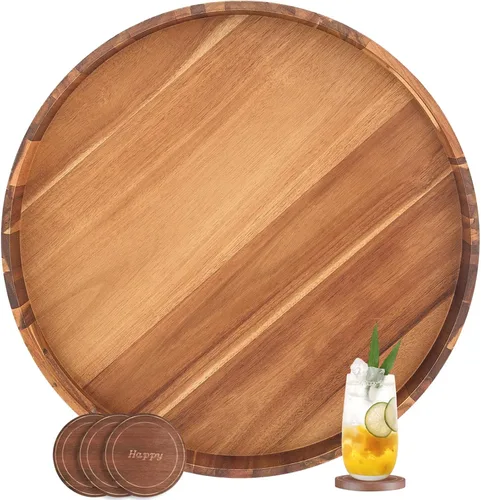 Vista 14 de Bandeja Redonda Extra Grande para Servir, 20 PULGADAS, Bandejas de Madera de Acacia Resistente para Mesa de Café Otomana Grande, Mostrador, Bandeja