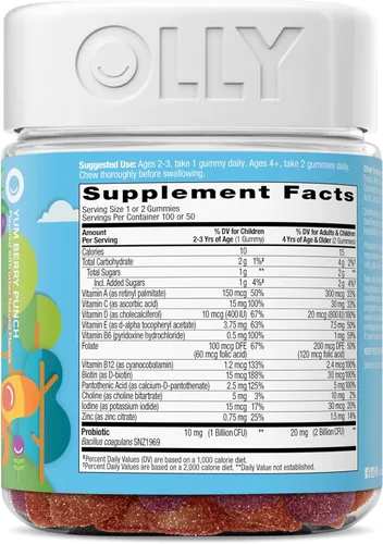 Vista 7 de OLLY Gomitas multivitamínicas y probióticas para niños, apoyo digestivo, vitaminas A, D, C, E, B, zinc, suplemento masticable, sabor a bayas