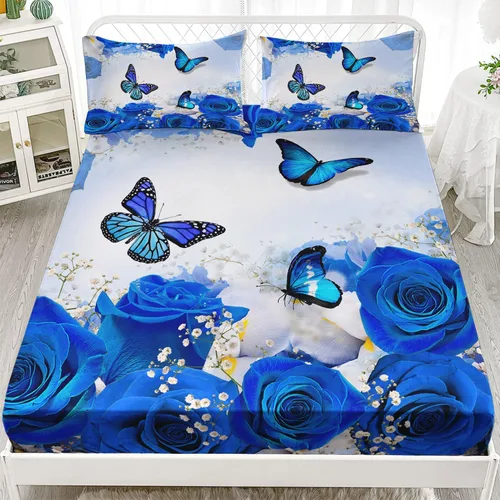 Vista 18 de AILONEN Juego de sábanas ajustadas con mariposas azules para niñas, juego de sábanas de tamaño individual con estampado floral de tie-dye