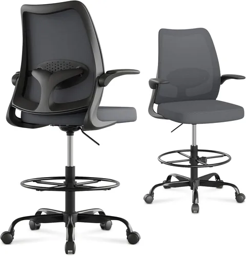 Vista 9 de Silla alta de oficina para escritorios de pie, silla de dibujo de escritorio alto con anillo reposapiés ajustable, soporte lumbar ergonómico