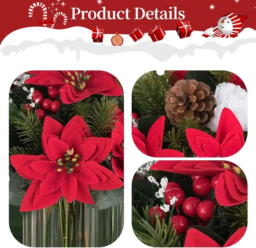 Vista 6 de BLOSMON Flores de Pascua artificiales de Navidad: 2 piezas de centros de mesa de bolas florales falsas rojas para decoraciones de mesas, flor