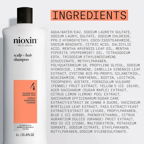 Vista 8 de Nioxin System 4 Champú Espesante para Cuero Cabelludo + Cabello para Cabello Teñido, Seco y Dañado con Adelgazamiento Progresivo Mantiene
