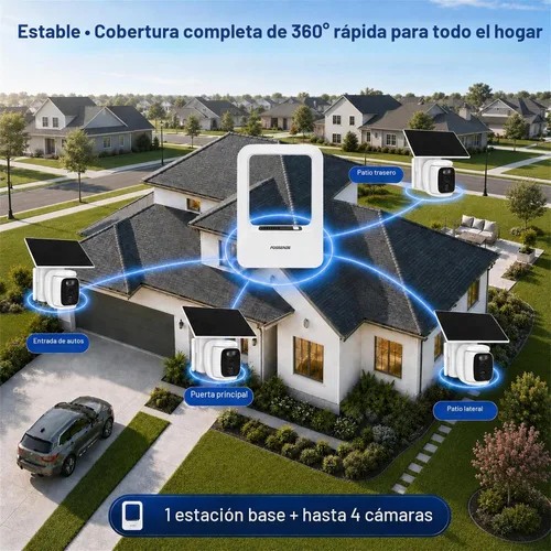 Vista 2 de 4 Pack Solar Security Cameras Wireless Outdoor, 2K WiFi Camera System with 64GB Local Storage, 360° Home Coverage, Color Night Vision, Human
