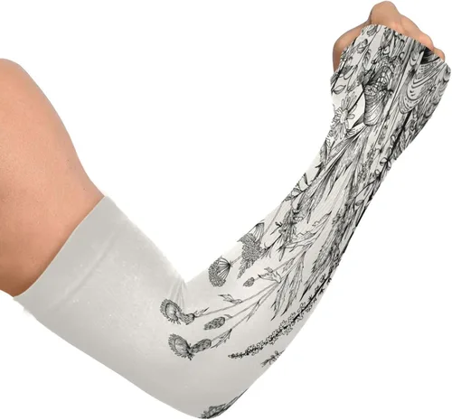 Blueangle Mangas de protección solar UV con agujero para el pulgar, cubierta de compresión de flores blancas y negras para hombres y mujeres (398),