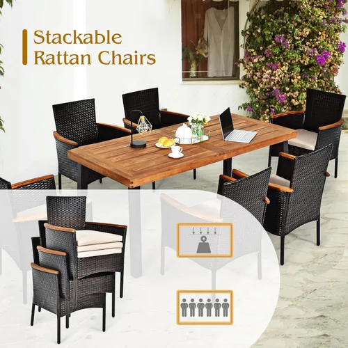 Vista 6 de Tangkula Patiojoy - Juego de comedor de 7 piezas, juego de conversación al aire libre con mesa superior de madera de acacia y 6 sillas apilables