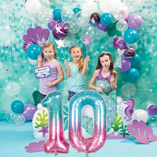 Vista 3 de Globos de Sirena Número 0 de 40 Pulgadas, Juego de Globos de Números Grandes Morado Verde Azulado Arcoíris 0-9, Globos de Números de Papel