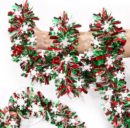 Vista 11 de Guirnalda de oropel de Navidad roja y blanca de 50 pies, guirnaldas de Navidad con giro metálico para decoración de árbol de Navidad, guirnaldas
