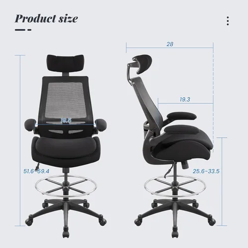 Vista 2 de Silla de oficina alta ergonómica de 400 libras para escritorio de pie ajustable con brazos abatibles, reposacabezas (con reposapiés, negro)
