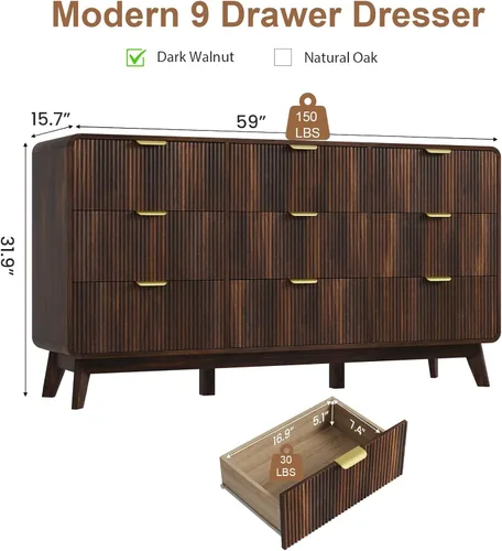 Vista 3 de QUW Cómoda moderna acanalada de 59.1 pulgadas de ancho para dormitorio con 9 cajones, cómoda alta con mango de metal, soporte de TV de madera