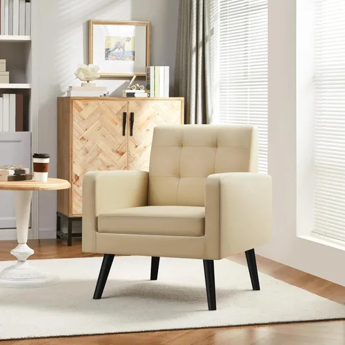 Vista 4 de Yaheetech - Sillas de acento de mediados de siglo, silla moderna tapizada de piel sintética para sala de estar, sillón acogedor con respaldo