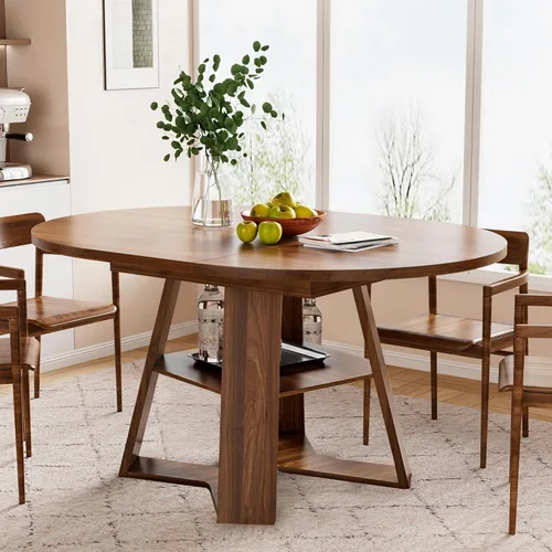 Vista 11 de Mesa de comedor redonda extensible de 43.3 a 59 pulgadas para 4 a 8, moderna mesa de comedor ovalada de cocina con hojas extraíbles, ahorro de Nogal