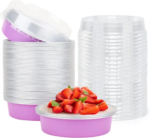 Vista 49 de Beasea Paquete de 20 Moldes para Cheesecake con Tapas, 8 Oz, 4 Pulgadas Moldes Redondos de Papel de Aluminio para Tartas, Contenedor para Muffins