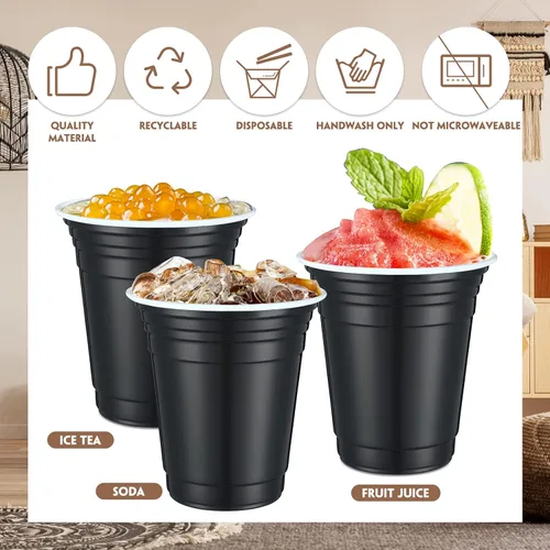Vista 3 de Zopeal 300 vasos de plástico negros de 12 onzas, vasos desechables negros con líneas de relleno, vasos de plástico reutilizables para bebidas