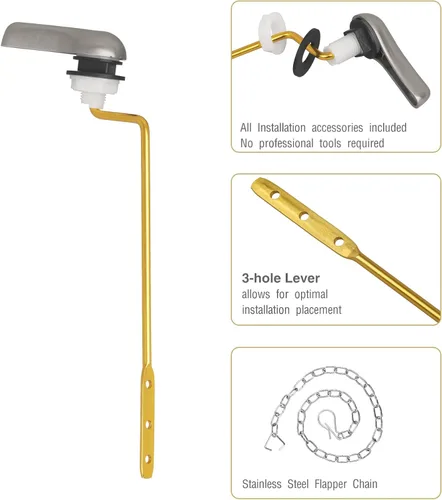 Vista 4 de Kit de repuesto para manija de inodoro, palancas de viaje para inodoro de montaje lateral con junta de sello y tuerca, cadenas de acero inoxidable