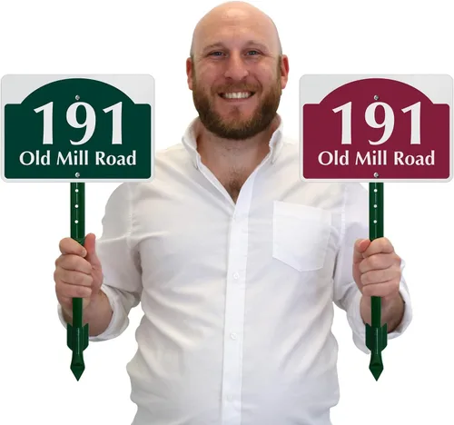 Vista 2 de SmartSign Letrero personalizado de dirección de casa de 7 x 10 pulgadas con estaca de 18 pulgadas (diseño de domo), aluminio reflectante a prueba