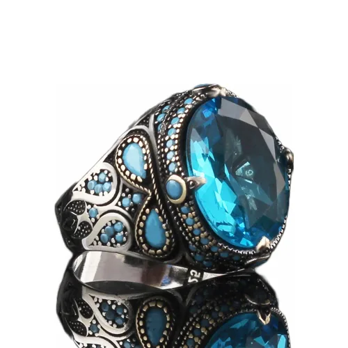 925 Sterling Silver Aquamarine Stone with Turquoise Stones Men Silver Ring, Handmade Blue Aquamarine Stone Men's Silver Ring, Vintage Men Ring,