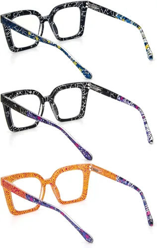 Vista 3 de KoKoBin Paquete de 3 elegantes lentes de lectura estilo Oprah con marco cuadrado para mujer, bloqueo de luz azul, cómodos lectores +2.5
