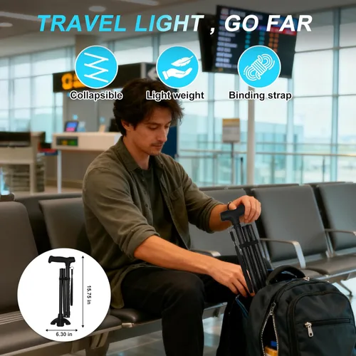 Vista 6 de Bastón de caminar para hombres y mujeres, mango extendido; base sólida; plegable; alturas ajustables; ligero; bastones resistentes para personas