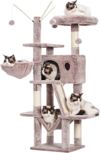 Vista 12 de Hey-brother Árbol para gatos, torre para gatos de 53 pulgadas para gatos de interior, casa para gatos con cama de plataforma acolchada, bolas