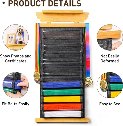 Vista 3 de Tilhumt 10/12 Belts Karate Belt Display Rack with Photo Shelf, Felt Taekwondo Belt Display Rack Martial Arts Belt Display for Adults TKD, BJJ