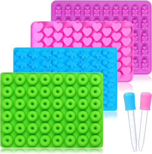 Moldes de silicona para caramelos, con 2 goteros, moldes de silicona antiadherentes para dulces, incluyendo mini dinosaurio, forma de oso, corazones