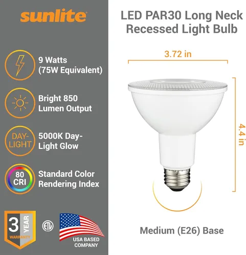 Vista 2 de Sunlite Bombilla LED PAR30 empotrable de cuello largo, 9 W, (ecualizador de 75 W), 850 lm, base E26 media, regulable, certificación ETL, ángulo