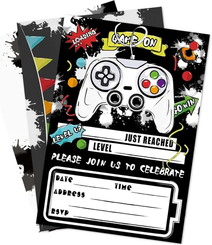 Vista 8 de WERNNSAI Invitación para Fiesta de Videojuego - Juego de 24 Tarjetas de Cumpleaños de Juego Azules para Llenar con Sobres y Adhesivo para Niños
