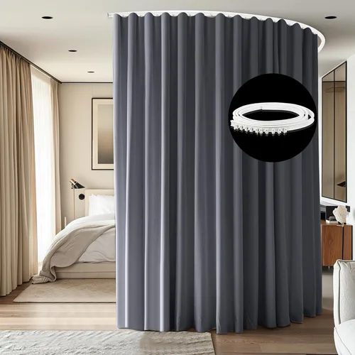 Vista 13 de Divisor de habitación con rieles para cortinas montadas en el techo, juego extra ancho de cortinas opacas con rieles flexibles para dormitorio