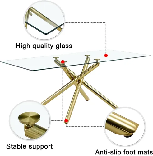 Vista 5 de LKTART Mesa de comedor rectangular de cristal con mesa de vidrio templado de 039 pulgadas y patas de metal cromado plateado adecuada para cocina