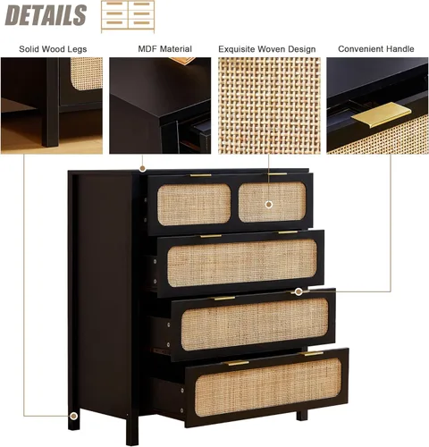 Vista 7 de LEVNARY Cómoda de 4 cajones para dormitorio, cajones de ratán con asas de metal, cómoda de madera para dormitorio, entrada, sala de estar, pasillo