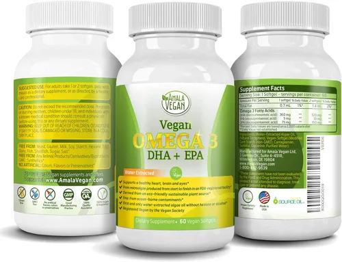 Potente suplemento vegano con Omega 3 y ácidos grasos esenciales, vitamina E, DHA y EPA, algas vegetarianas y sin GMO, cápsulas de liberación