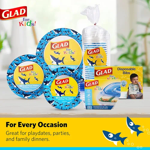 Vista 7 de Baberos desechables de papel con atrapamigas para niños de Glad con diseño de tiburón para alimentación - Absorbentes y a prueba de fugas