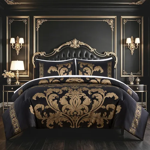 Chezmoi Collection Valor - Juego de cama Queen de 7 piezas en una bolsa, edredón floral jacquard de lujo negro y dorado con sábanas para todas las