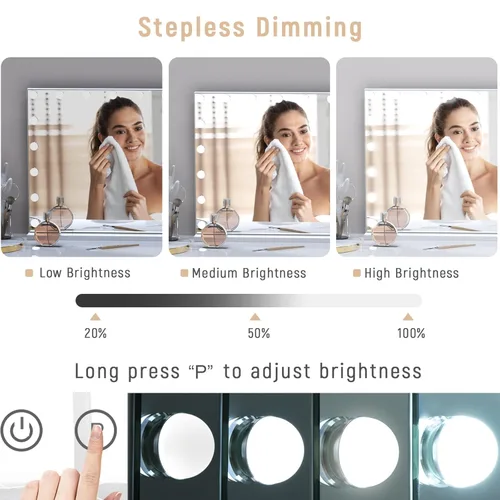 Vista 3 de Espejo de tocador de maquillaje con luces, 10 x 15 bombillas LED regulables, 3 modos de color, control táctil para dormitorio, mesa o pared