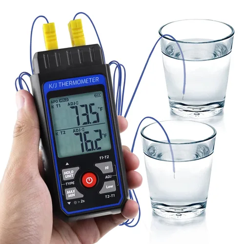 Vista 5 de Termómetro de termopar K/J de doble canal con 4 termopares tipo K -328°F ~ 2501°F Rango de medición HVAC Medidor de temperatura con retención