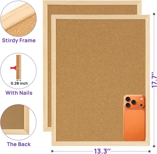 Vista 2 de 2 Piezas Tablero de Corcho, Tablero de Anuncios de 17.7''x13.3'', Tableros de Corcho con Marco de Madera para Pared, Tablero de Corcho Pequeño