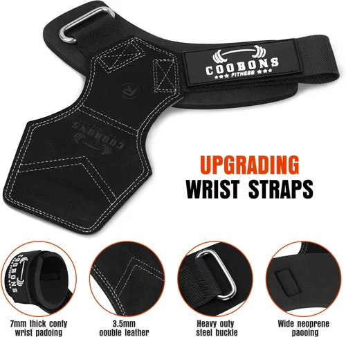 Vista 2 de Weight Lifting Wrist Straps, Gym Straps Weight Lifting for Deadlift and Powerlifting, Double Layer Leather Wrist Wraps with Padded Cushion Wrist