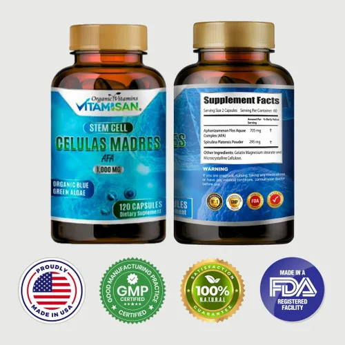 Vista 2 de CELULAS MADRES, Cápsulas de células madre, paquete de 2, 1,000 mg, 240 unidades, algas azules y verdes orgánicas