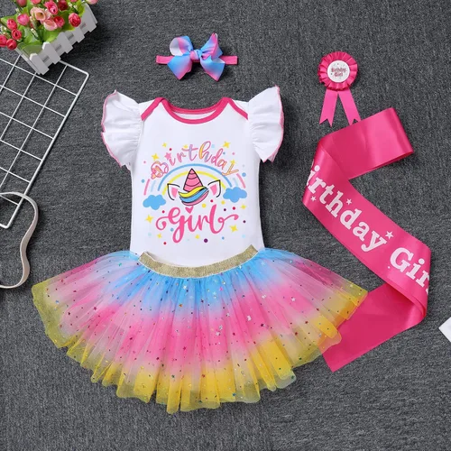 Vista 3 de IBTOM CASTLE Conjunto de falda de unicornio para bebé niña 1er 2do 3er cumpleaños, tutú arco iris, pastel de princesa, mameluco con diadema