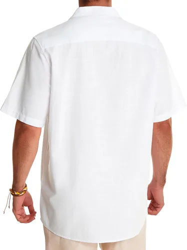 Vista 2 de Alimens & Gentle - Camisas de lino estilo cubano para hombre, camisa de manga corta con botones, camisa de algodón para verano, playa, campamento