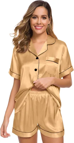 Vista 3 de SWOMOG Womens Silk Satin Pajamas Set Two-piece Pj Sets Sleepwear Loungewear Button-Down Pj Sets