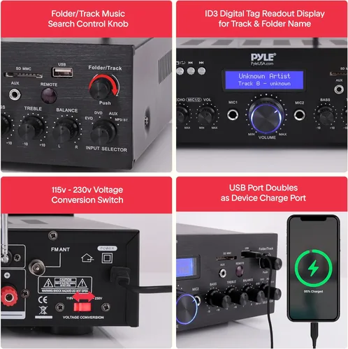 Vista 5 de Pyle Combo de micrófono inalámbrico/amplificador Bluetooth, potencia máxima de 200 W, receptor de audio estéreo de doble canal con USB - Reproductor