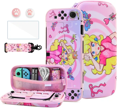 Vista 14 de HYPERCASE 8 in 1 Cute Anime Switch OLED Accessories Bundle, with Pink Switch OLED Carrying Travel Case, Hard PC Protective Cover Skin, HD Screen