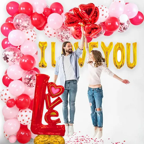 Vista 6 de Kit de guirnalda de arco de globos para el día de San Valentín, globos rojos blancos con globos de corazón rojo "I LOVE YOU", 300 pétalos de rosa