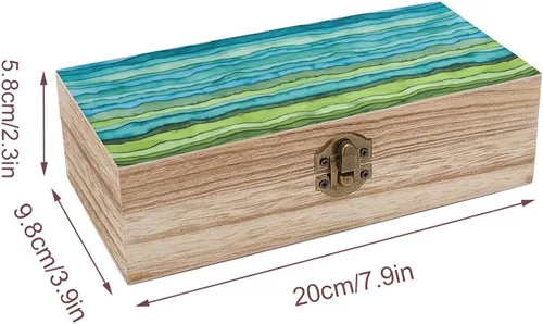 Vista 2 de Waves Desk Mat Blue And Green Wooden Storage Box Decorative Trinket Keepsake Box Wood Jewelry Organizer Box for Bedroom Office with Hinged Lid And