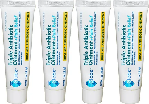 Globe Paquete de 4 antibióticos triples + ungüento para aliviar el dolor, 1 onza, antibiótico de primeros auxilios, alivia el dolor, cortes,