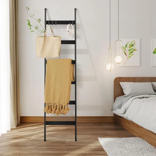 Vista 4 de ELYKEN Escalera de Manta para Sala de Estar, Soporte de Edredón de 6 Niveles de Granja con 4 Ganchos Removibles para Baño, Estante de Madera