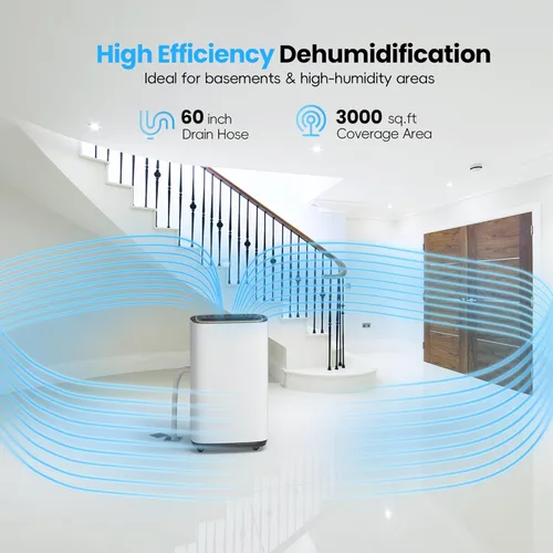 Vista 5 de Deshumidificador de 3000 pies cuadrados, deshumidificadores de 30 PT/24 horas con manguera de drenaje para el hogar, deshumidificador de compresor