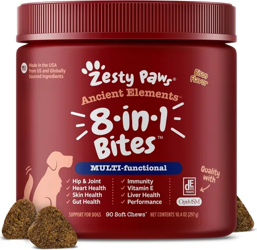 Zesty Paws Multivitamínico para perros, vitaminas masticables para perros y suplementos para cadera y articulaciones, piel y pelaje, aceite de